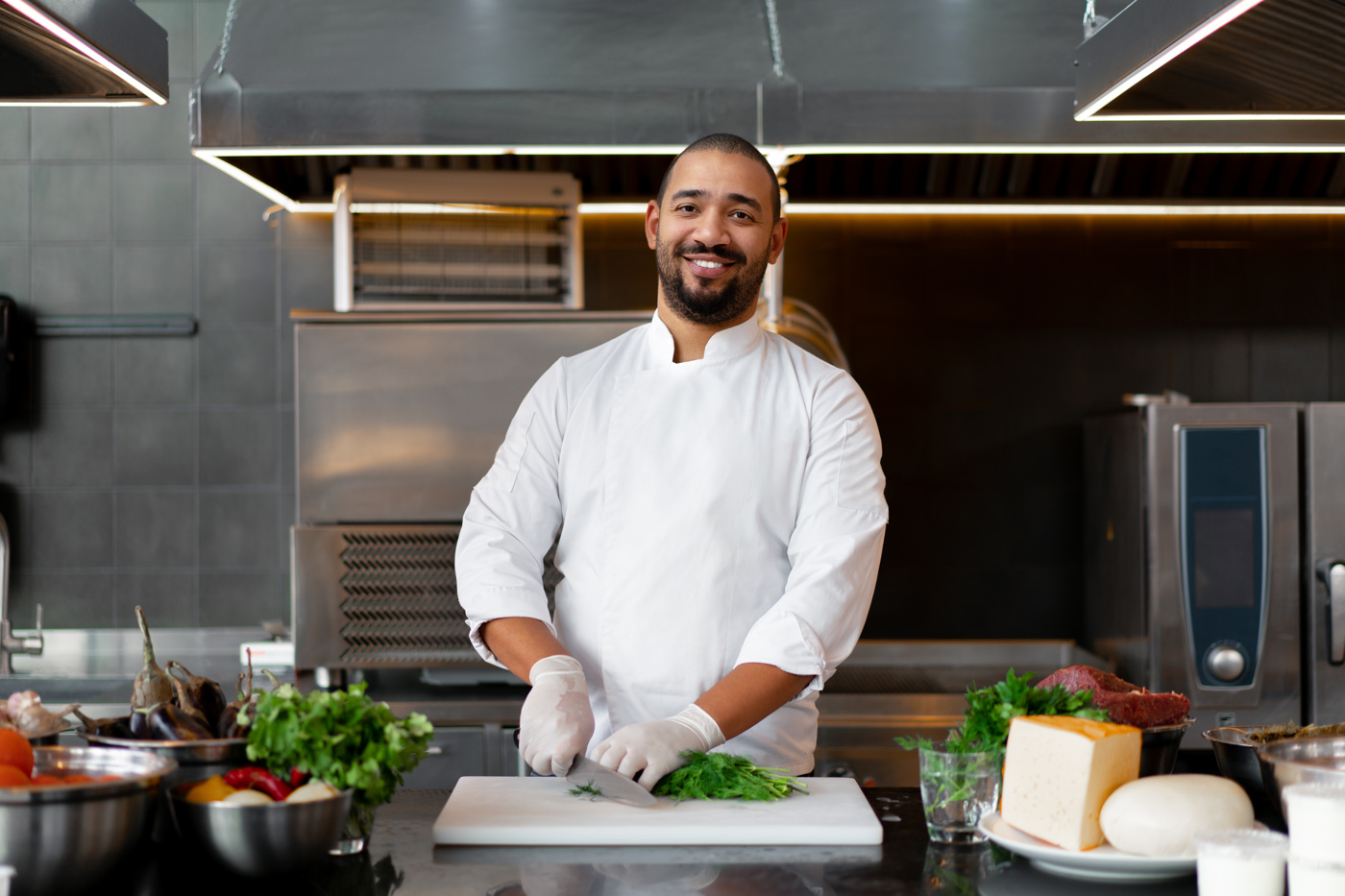 Un cuisinier diététique avec brevet fédéral se trouve dans la cuisine et prépare une soupe saine.